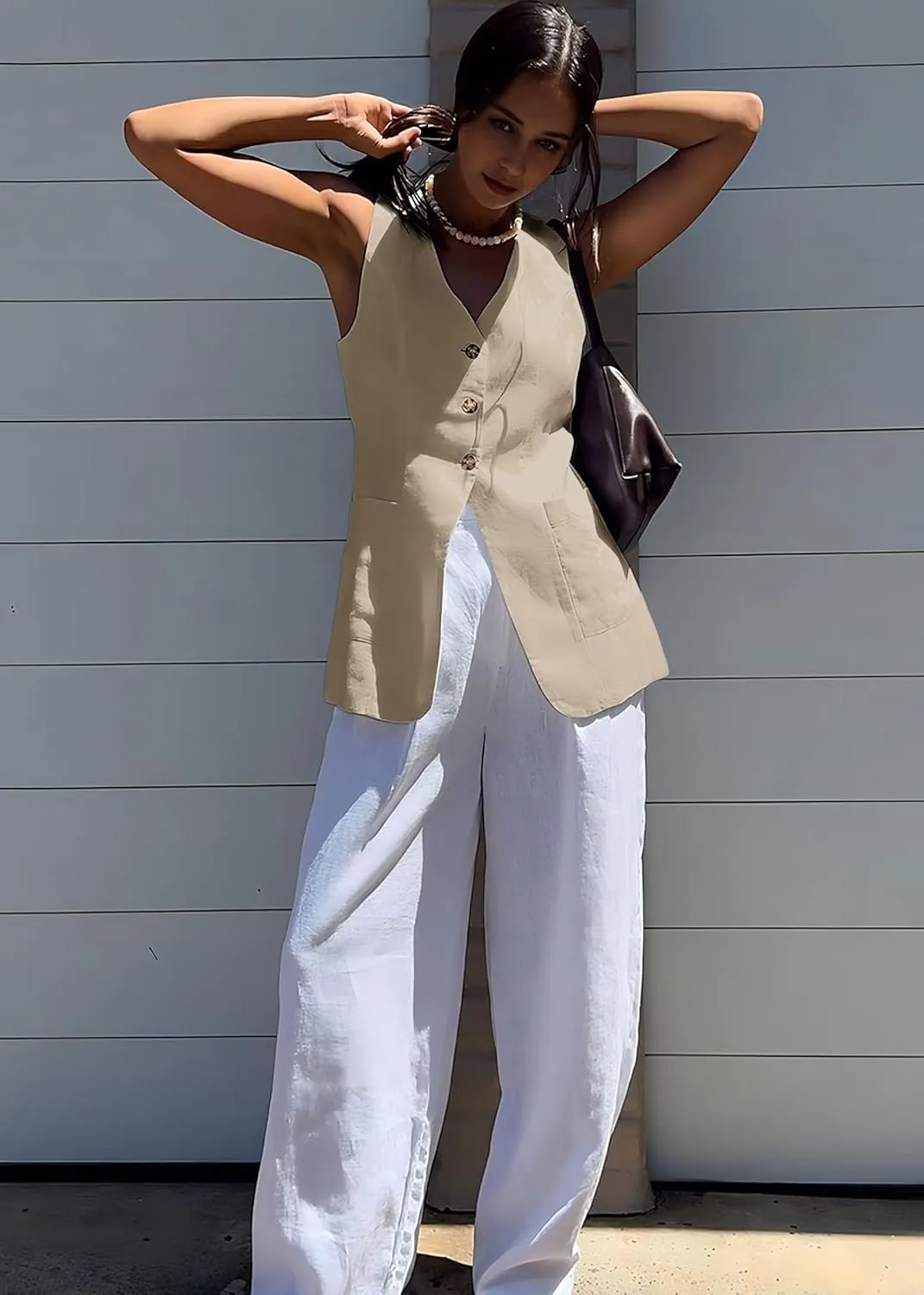 2025 Summer Women's Linen Vest Tops Lightweight Breathable Long Fashion V-Neck Fully-Lined Work Casual Vest Pockets