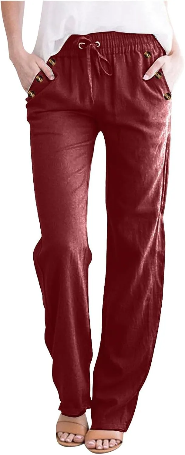 2PC Womens Casual Loose Elastic Waist Linen Trouser 2025 Loose Fit Pants with Pockets Loose Flowy Yoga Sweatpants