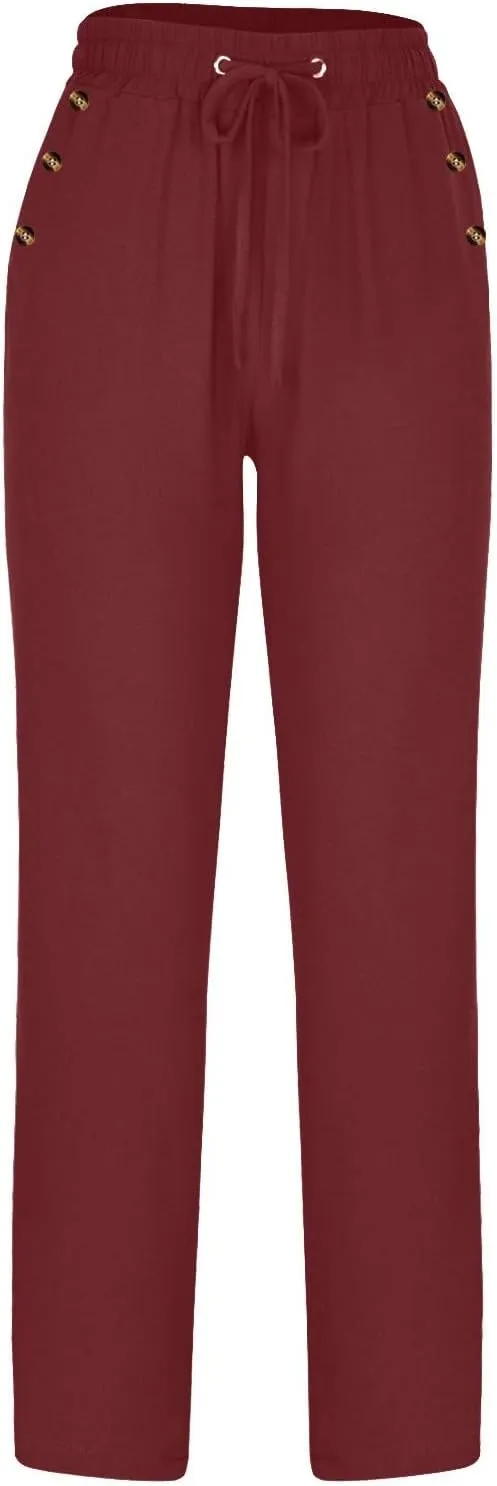 2PC Womens Casual Loose Elastic Waist Linen Trouser 2025 Loose Fit Pants with Pockets Loose Flowy Yoga Sweatpants