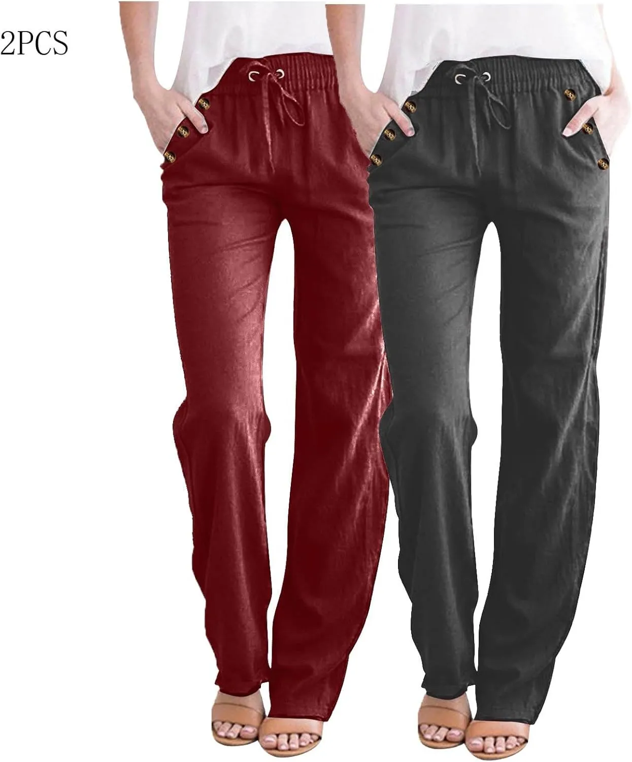 2PC Womens Casual Loose Elastic Waist Linen Trouser 2025 Loose Fit Pants with Pockets Loose Flowy Yoga Sweatpants