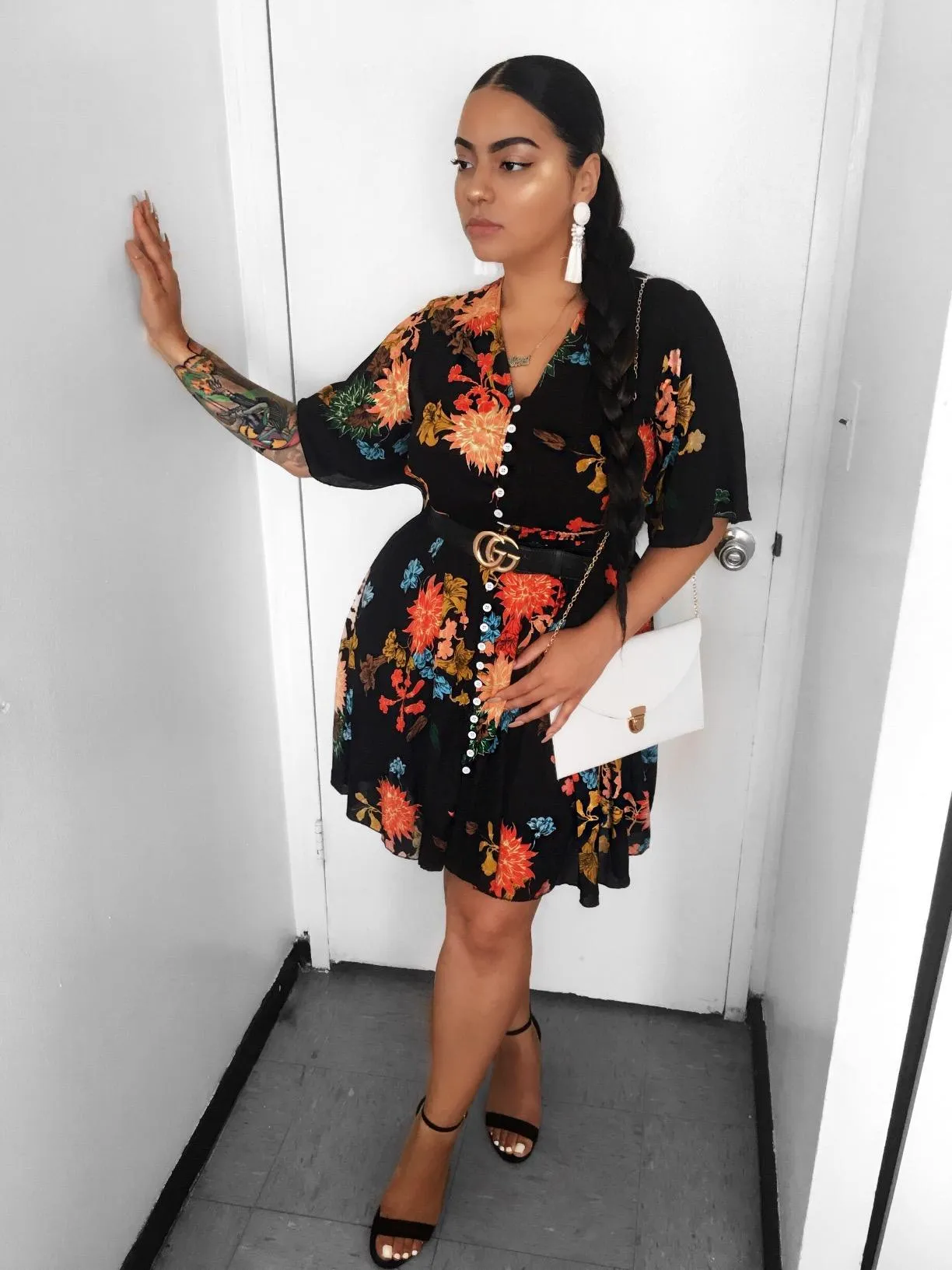 A Black Women's Boho Button Up Split Floral Print Flowy Party Dress - Milumia