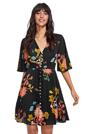 A Black Women's Boho Button Up Split Floral Print Flowy Party Dress - Milumia