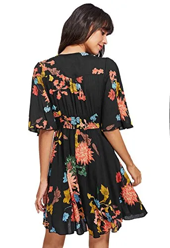 A Black Women's Boho Button Up Split Floral Print Flowy Party Dress - Milumia