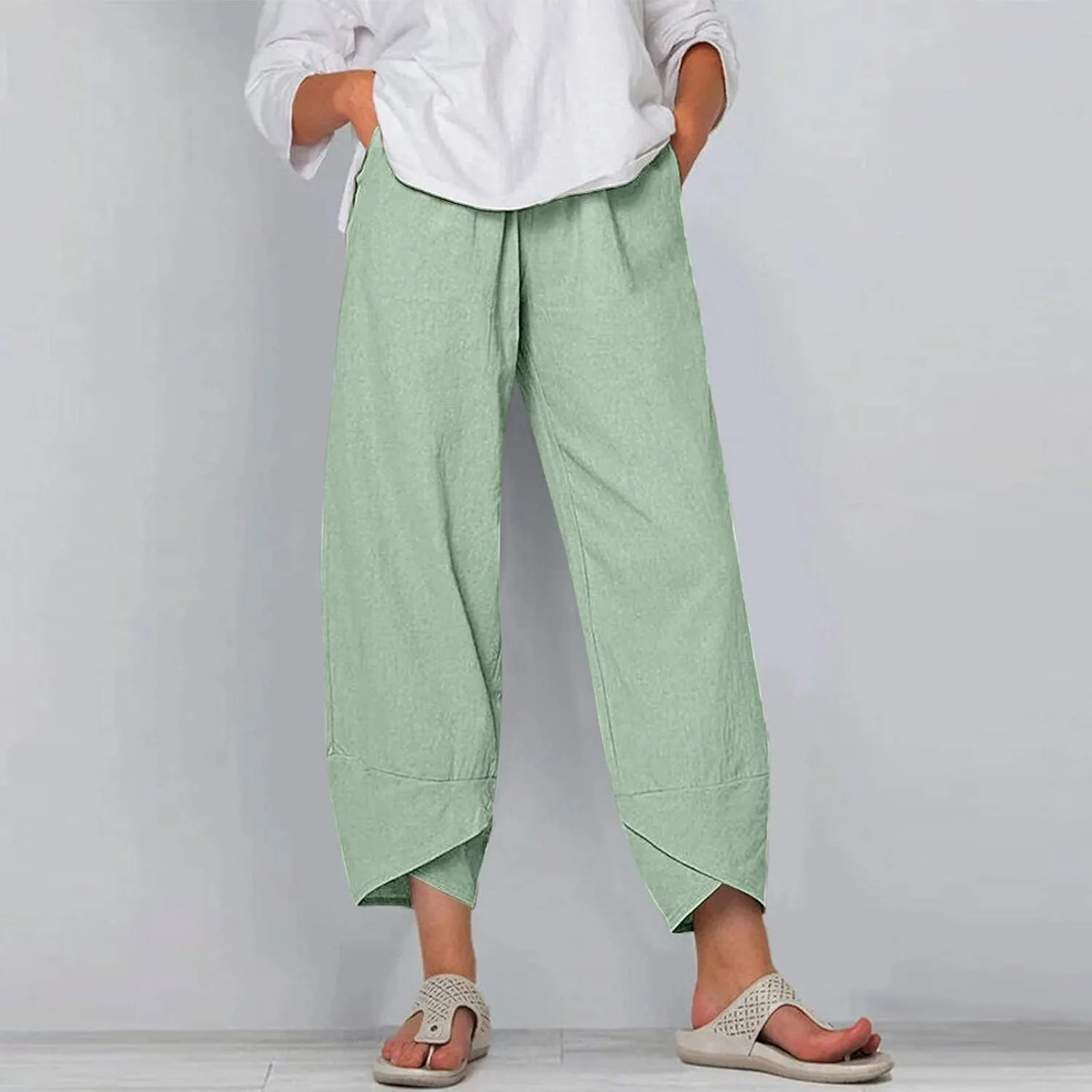 Bengbobar Womens Linen Wide Leg Pants Elastic High Waist Palazzo Pants Business Casual Loose Trousers with Pocket
