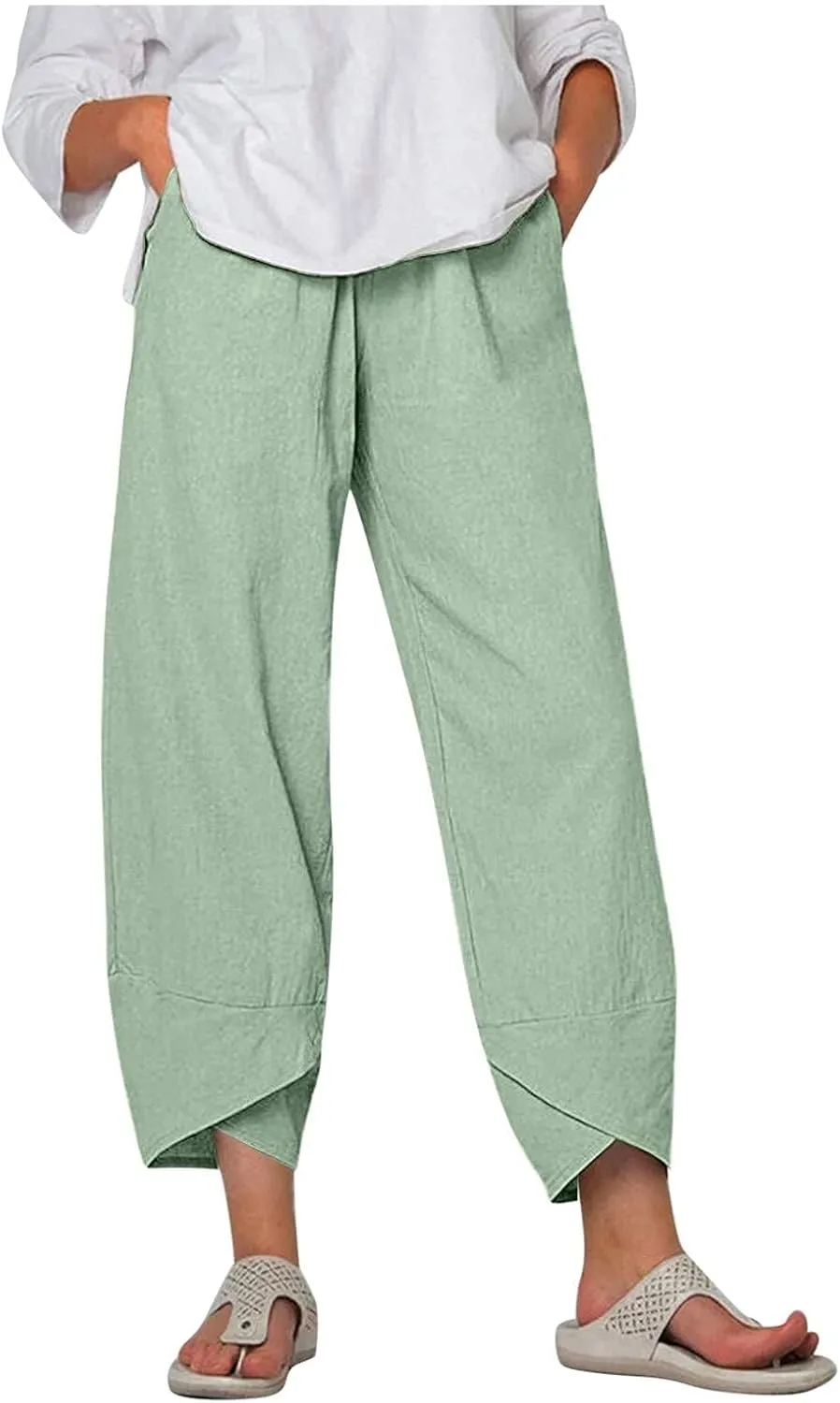 Bengbobar Womens Linen Wide Leg Pants Elastic High Waist Palazzo Pants Business Casual Loose Trousers with Pocket