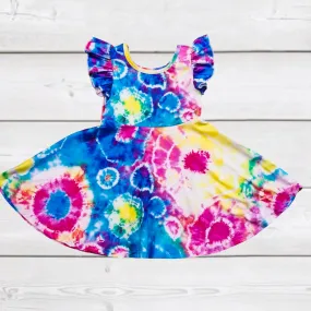 Blue Tie Dye Splotch Ruffle Sleeve Sundress