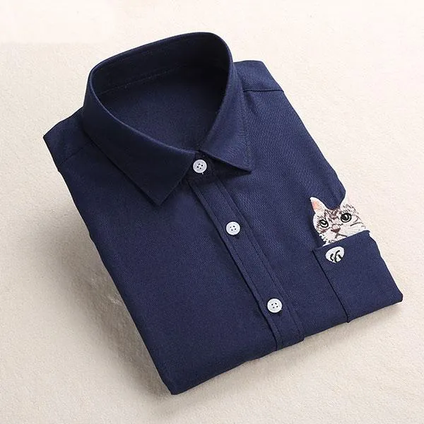 Cat Embroidery Long Sleeve Blouse