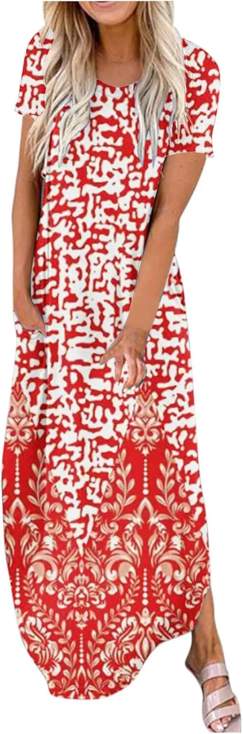 Ceboyel Women's Summer Casual Dresses Short Sleeve Maxi Dress Boho Floral Print Long Dresses Trendy Ladies Beach Outfits 2023
