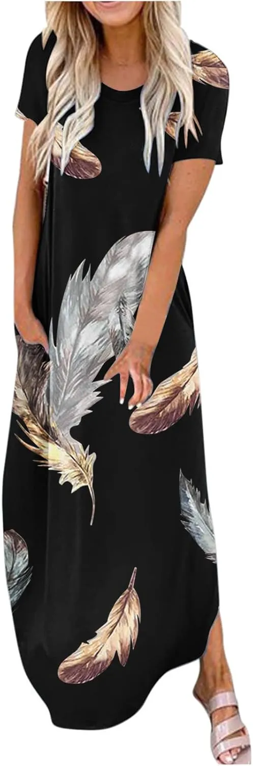Ceboyel Women's Summer Casual Dresses Short Sleeve Maxi Dress Boho Floral Print Long Dresses Trendy Ladies Beach Outfits 2023