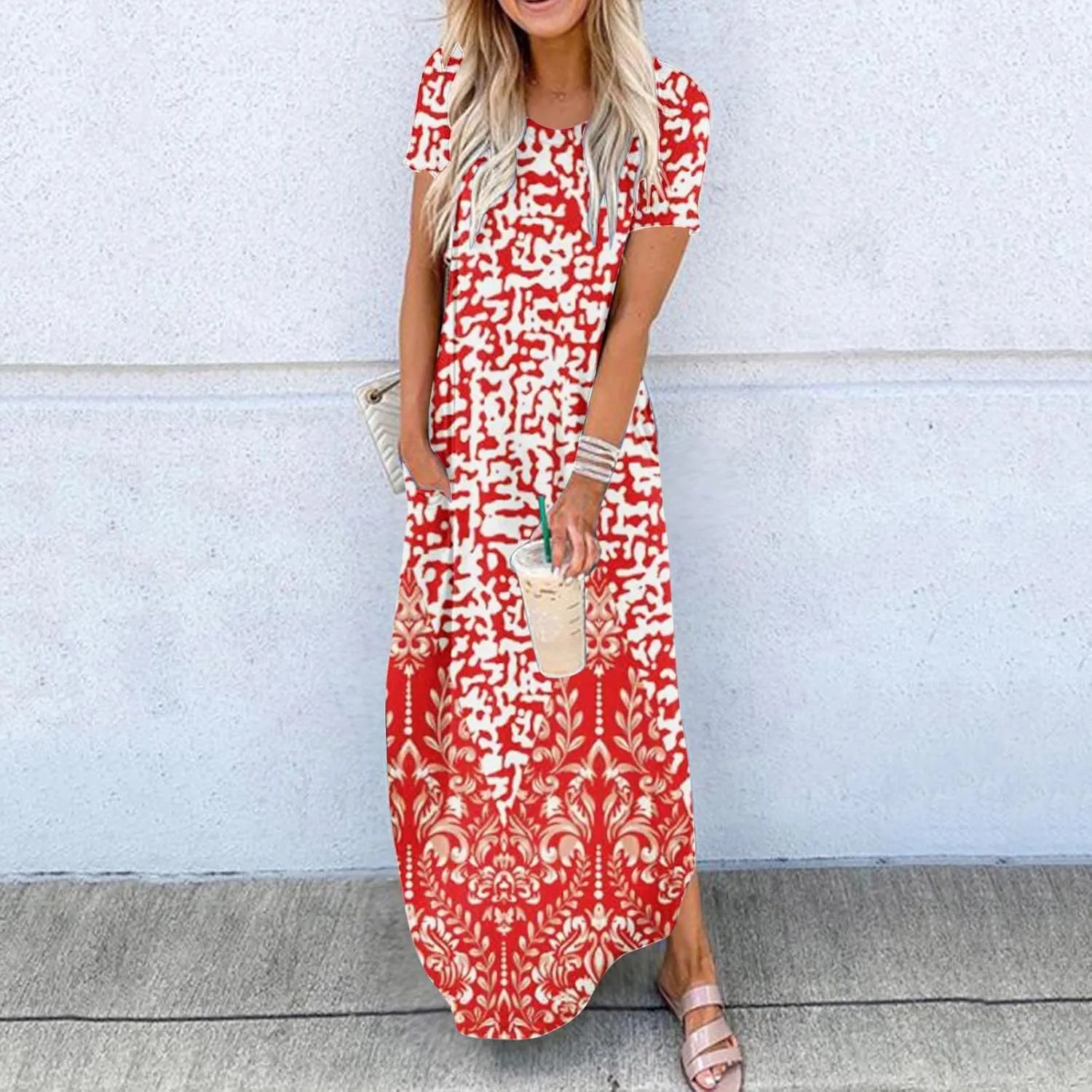 Ceboyel Women's Summer Casual Dresses Short Sleeve Maxi Dress Boho Floral Print Long Dresses Trendy Ladies Beach Outfits 2023