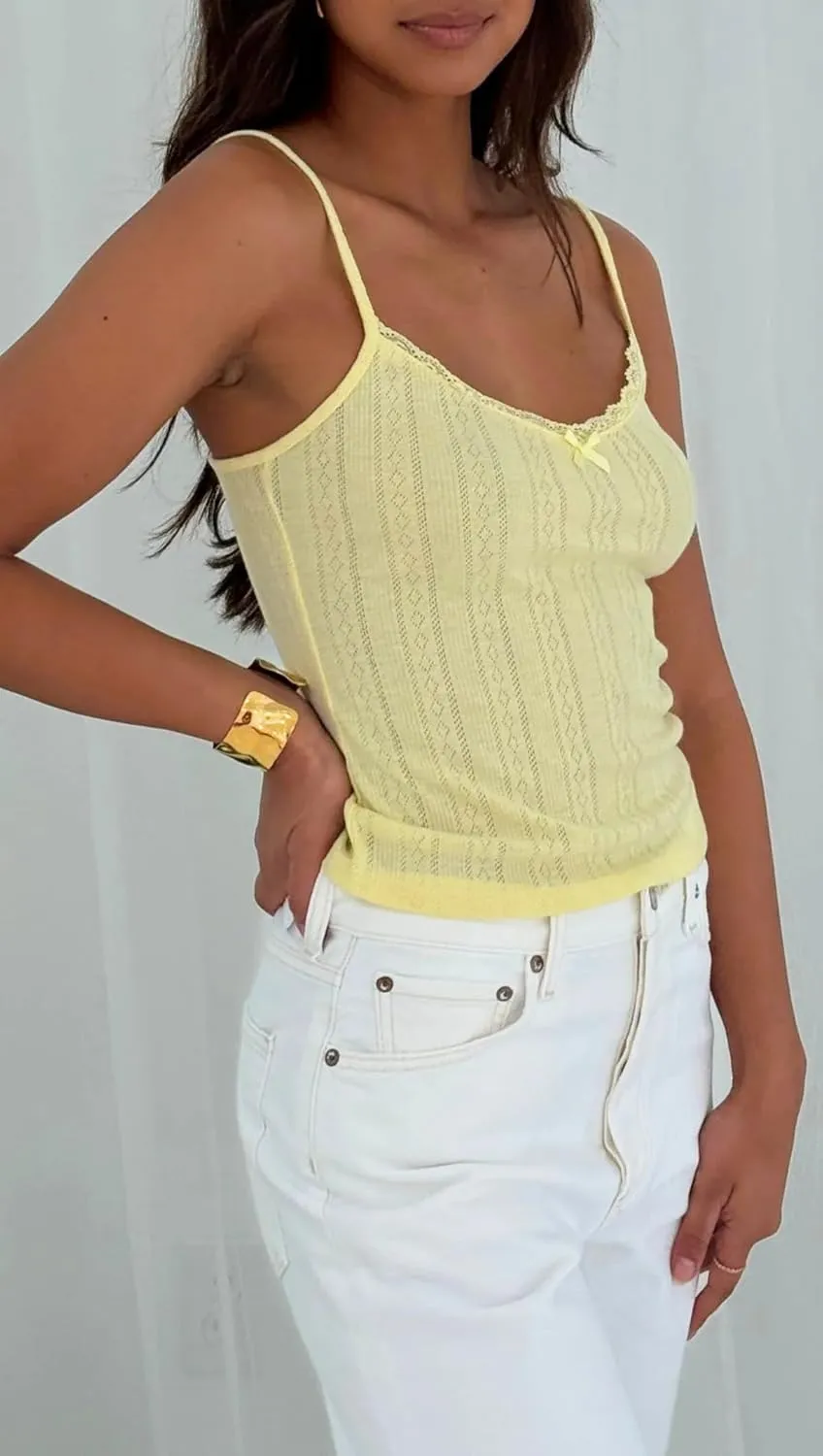 Cioatin Women Sleeveless Y2K Lace Patchwork Pointelle Crop Cami Tank Cute Spaghetti Strap V Neck Slim Summer Going Out Tops