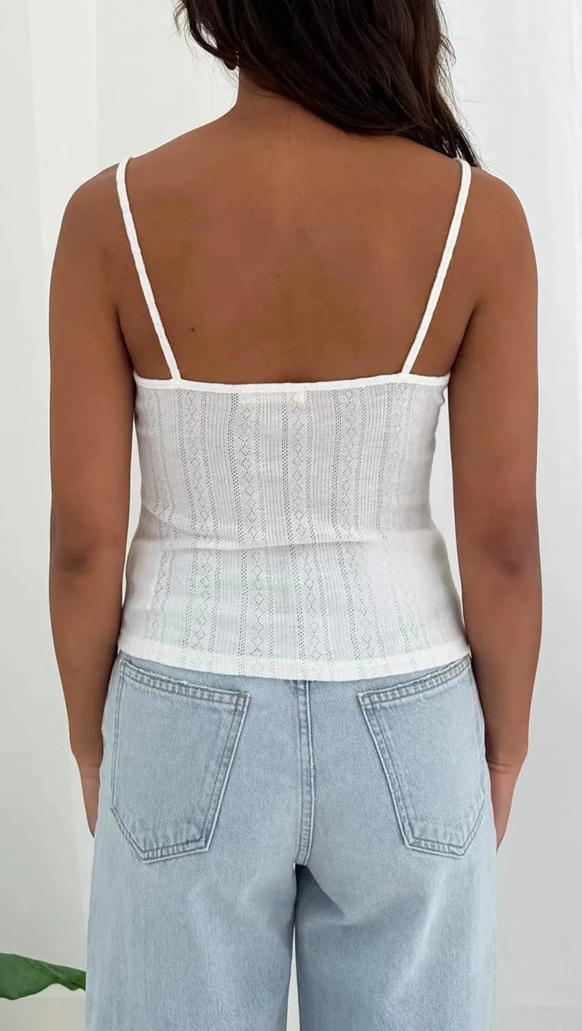 Cioatin Women Sleeveless Y2K Lace Patchwork Pointelle Crop Cami Tank Cute Spaghetti Strap V Neck Slim Summer Going Out Tops