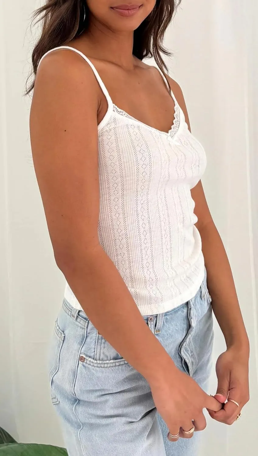 Cioatin Women Sleeveless Y2K Lace Patchwork Pointelle Crop Cami Tank Cute Spaghetti Strap V Neck Slim Summer Going Out Tops