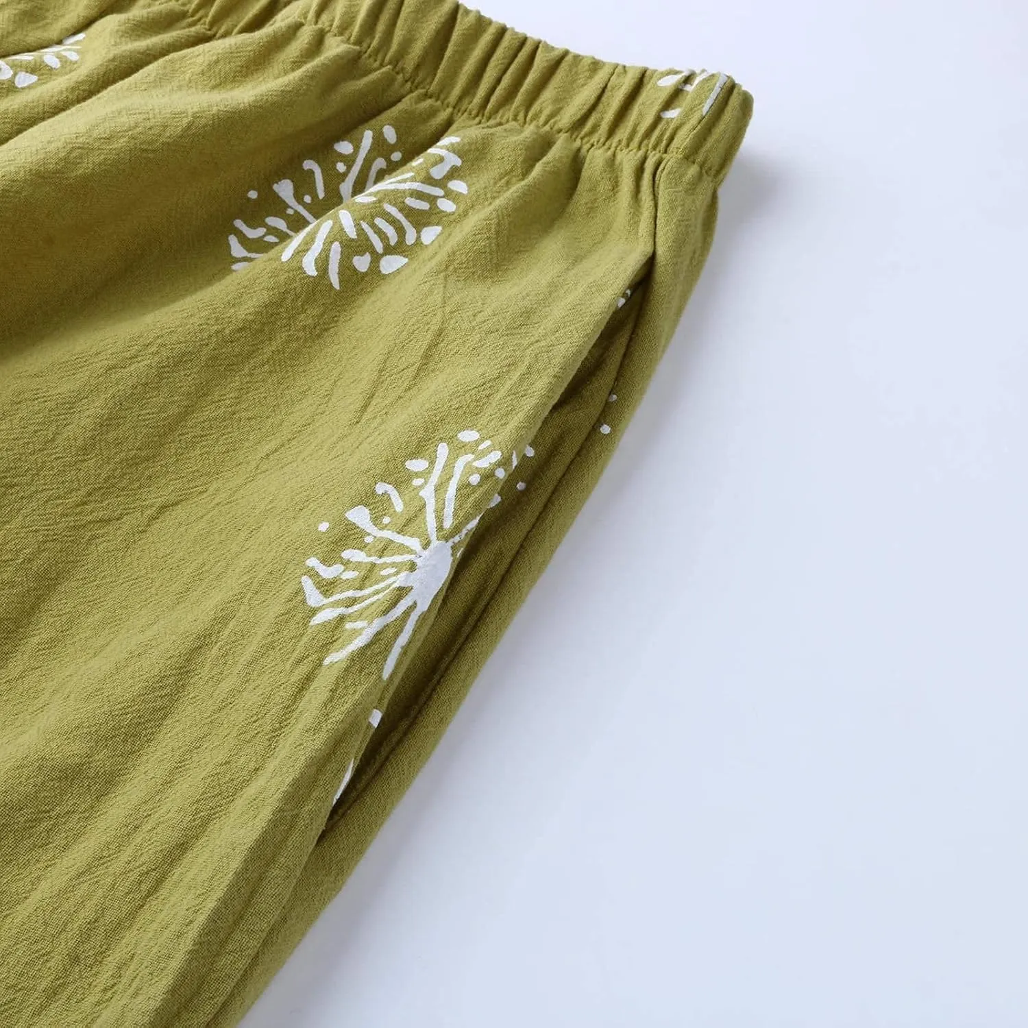 Cotton Linen Capri Pants for Women 2025 Casual Printed Cropped Palazzo Pants Elastic Waist Lounge Baggy Trousers