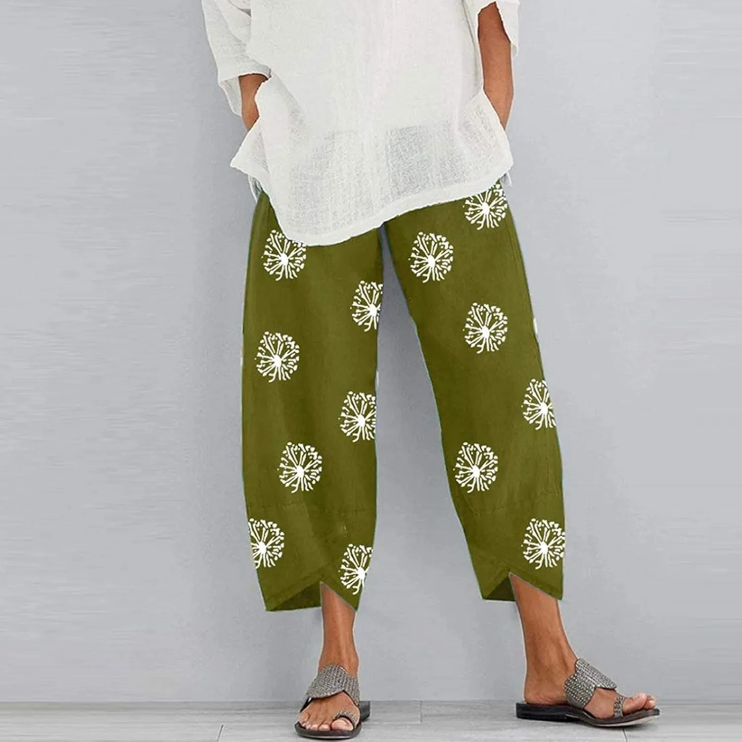 Cotton Linen Capri Pants for Women 2025 Casual Printed Cropped Palazzo Pants Elastic Waist Lounge Baggy Trousers