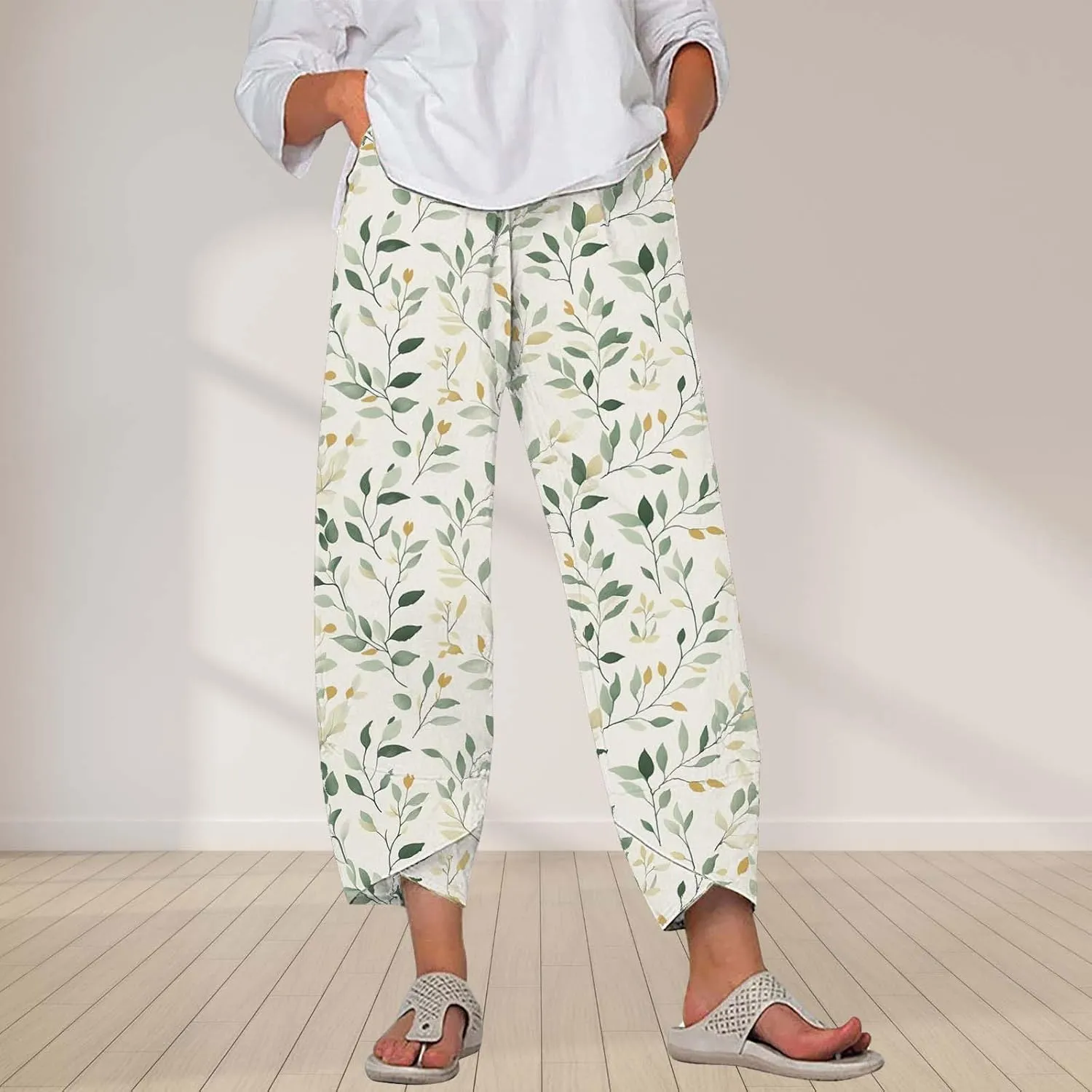 Cotton Linen Pants for Women 2025 Summer Capri Print Wide Leg Pants Palazzo Cropped Comfy Trousers with Pockets