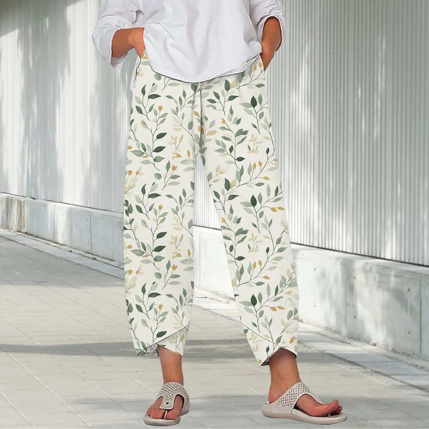 Cotton Linen Pants for Women 2025 Summer Capri Print Wide Leg Pants Palazzo Cropped Comfy Trousers with Pockets