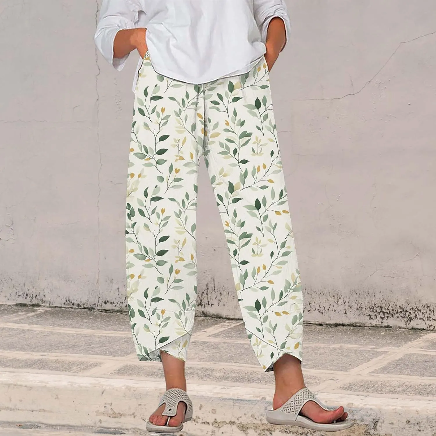 Cotton Linen Pants for Women 2025 Summer Capri Print Wide Leg Pants Palazzo Cropped Comfy Trousers with Pockets