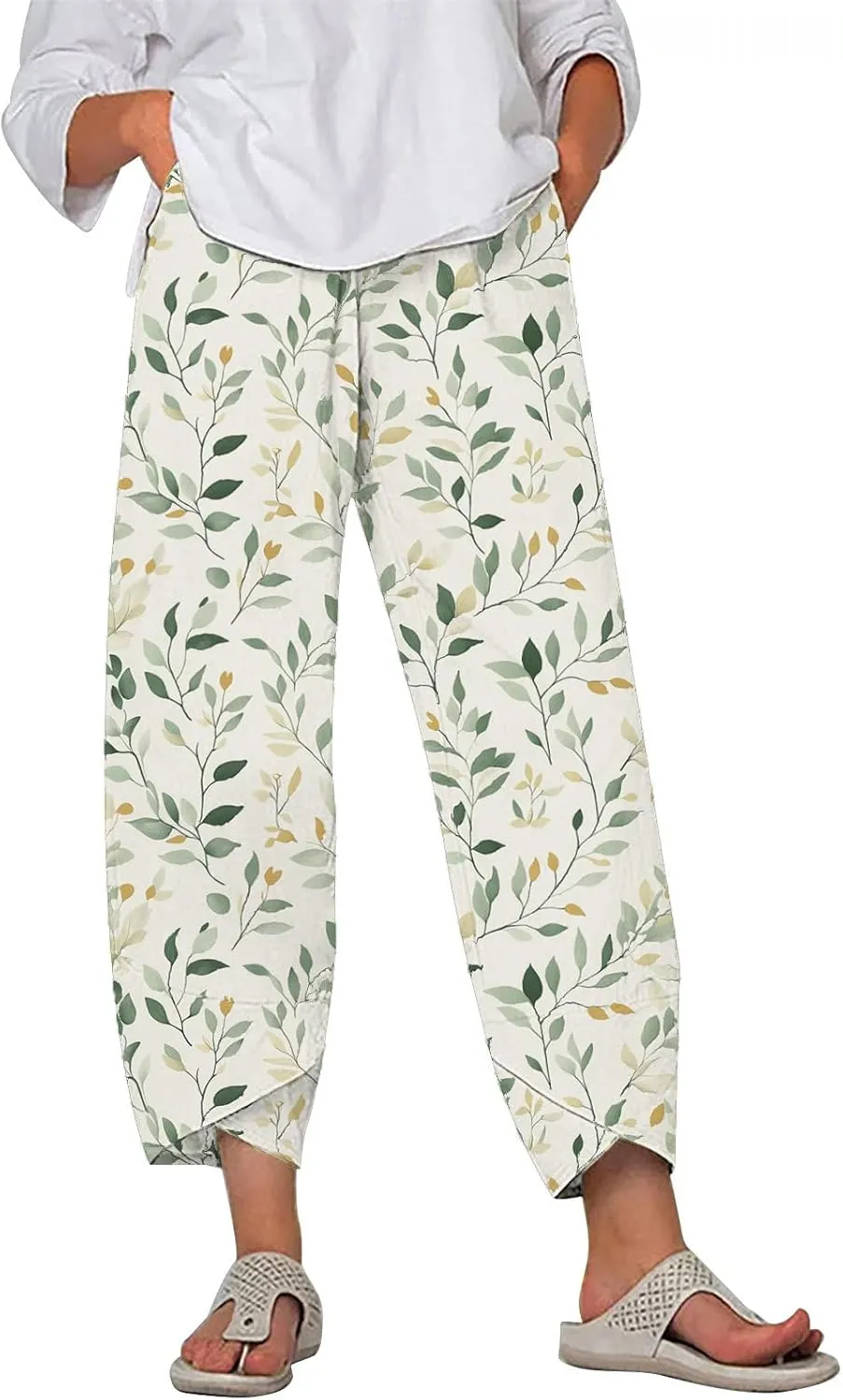Cotton Linen Pants for Women 2025 Summer Capri Print Wide Leg Pants Palazzo Cropped Comfy Trousers with Pockets