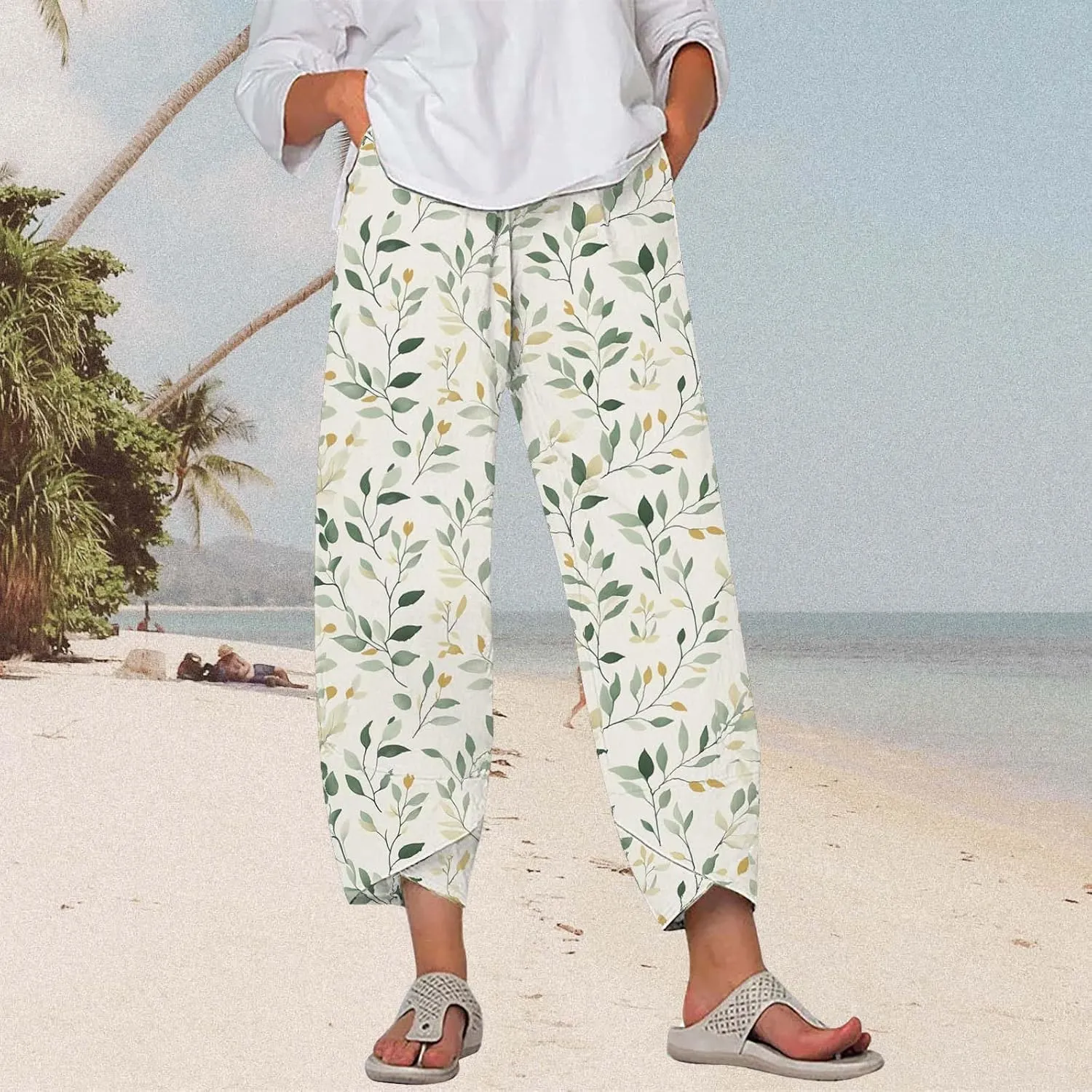 Cotton Linen Pants for Women 2025 Summer Capri Print Wide Leg Pants Palazzo Cropped Comfy Trousers with Pockets