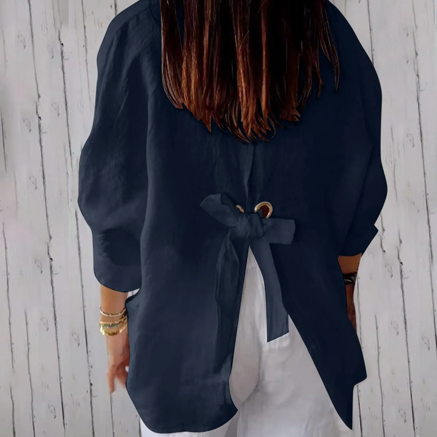 Cotton Linen Shirts for Womens Summer Casual Button Down Tops 3/4 Sleeve Classic Collared Loose Blouses Dressy Tees