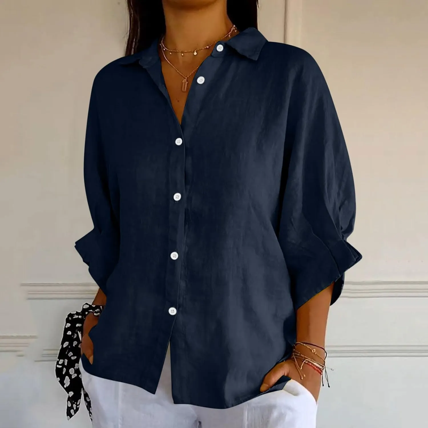 Cotton Linen Shirts for Womens Summer Casual Button Down Tops 3/4 Sleeve Classic Collared Loose Blouses Dressy Tees