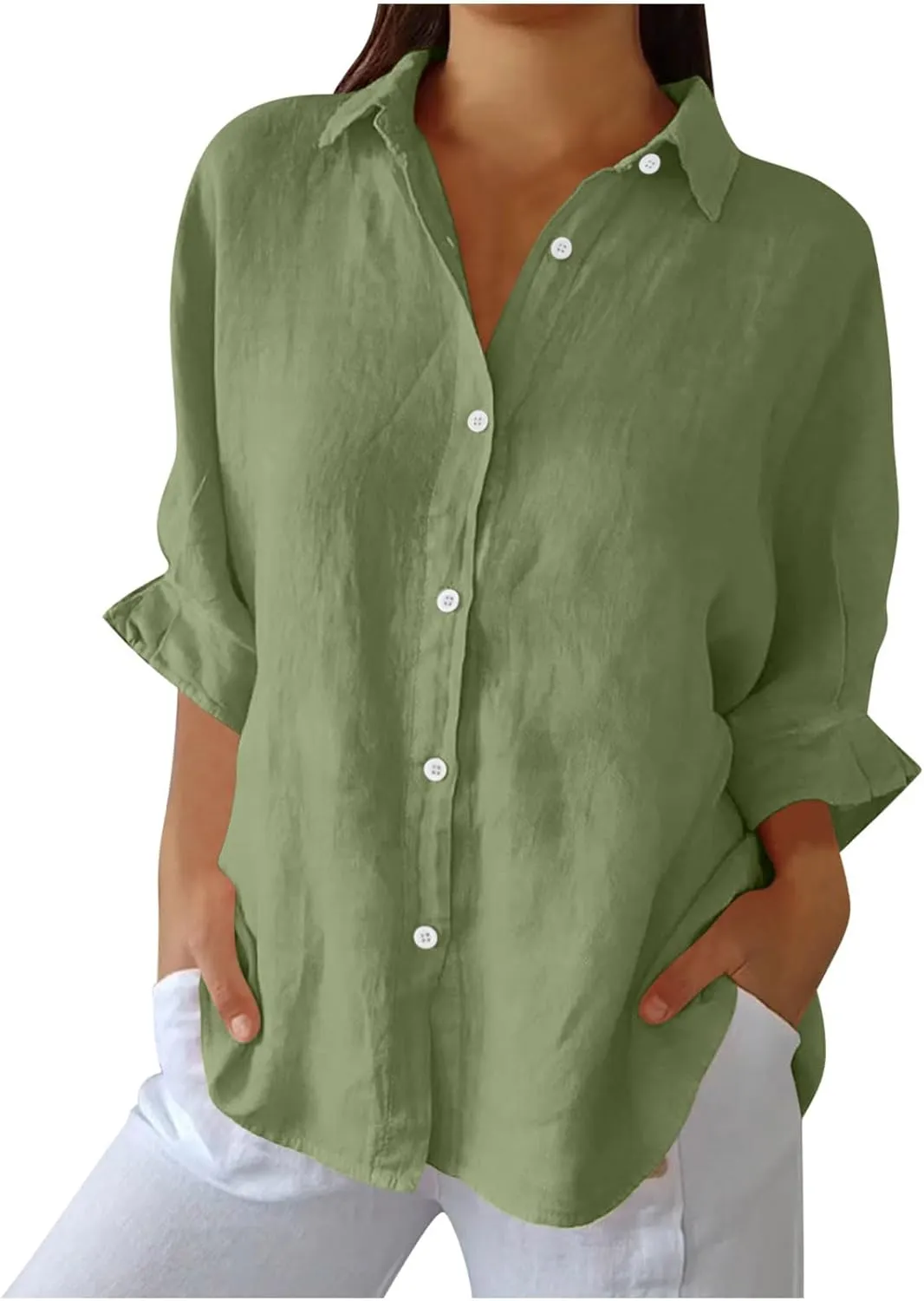 Cotton Linen Shirts for Womens Summer Casual Button Down Tops 3/4 Sleeve Classic Collared Loose Blouses Dressy Tees