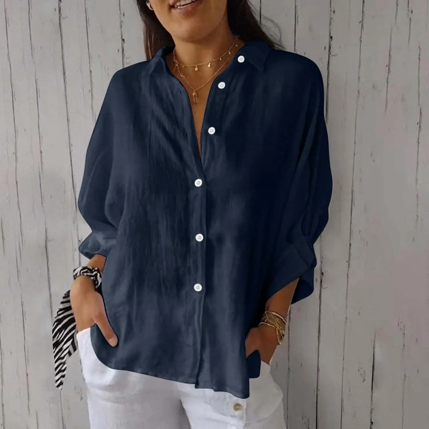 Cotton Linen Shirts for Womens Summer Casual Button Down Tops 3/4 Sleeve Classic Collared Loose Blouses Dressy Tees