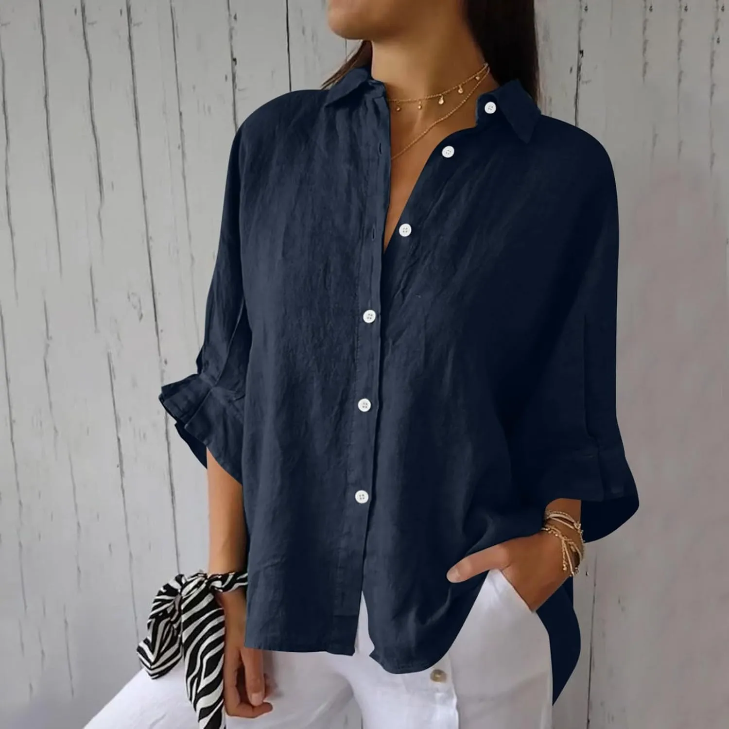 Cotton Linen Shirts for Womens Summer Casual Button Down Tops 3/4 Sleeve Classic Collared Loose Blouses Dressy Tees