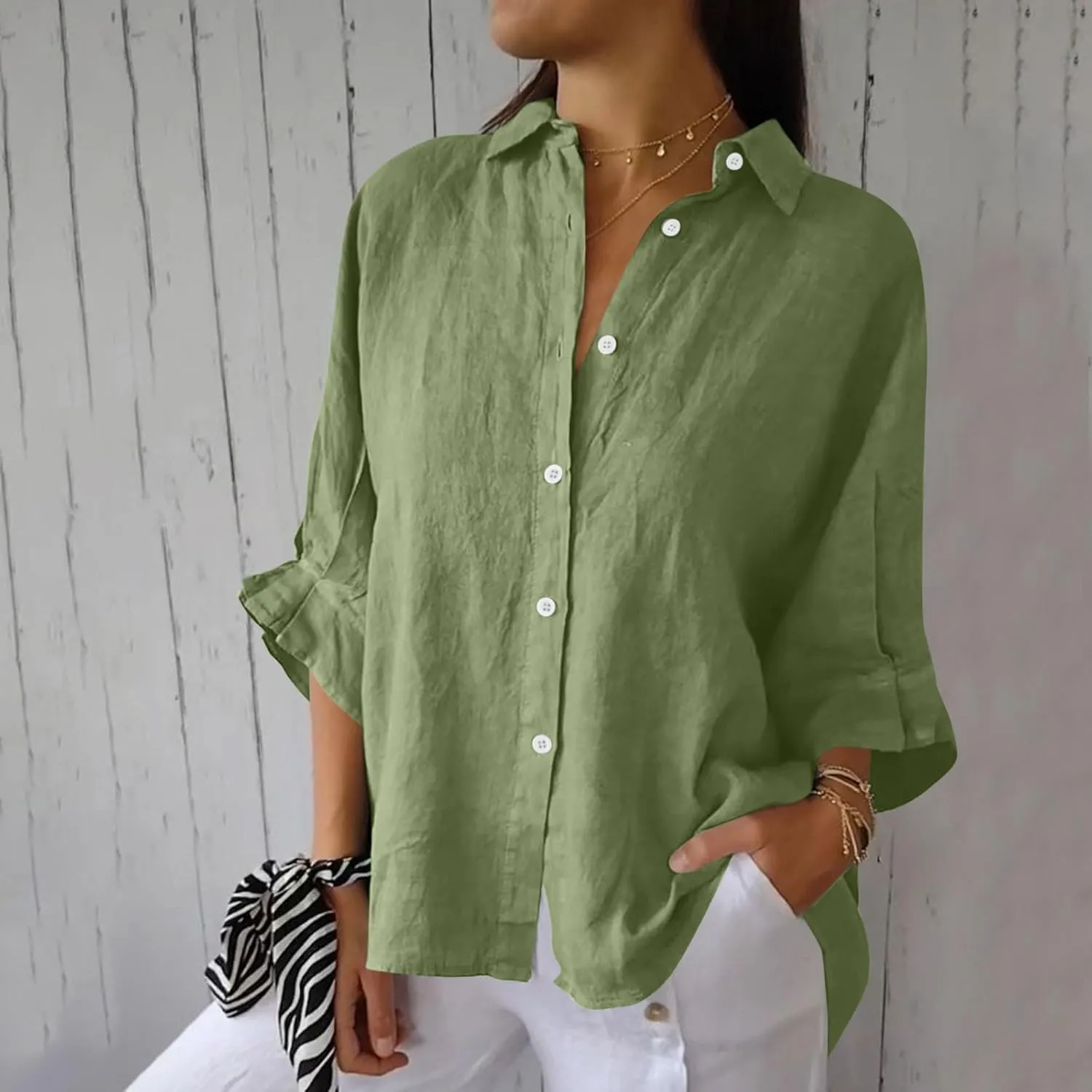 Cotton Linen Shirts for Womens Summer Casual Button Down Tops 3/4 Sleeve Classic Collared Loose Blouses Dressy Tees