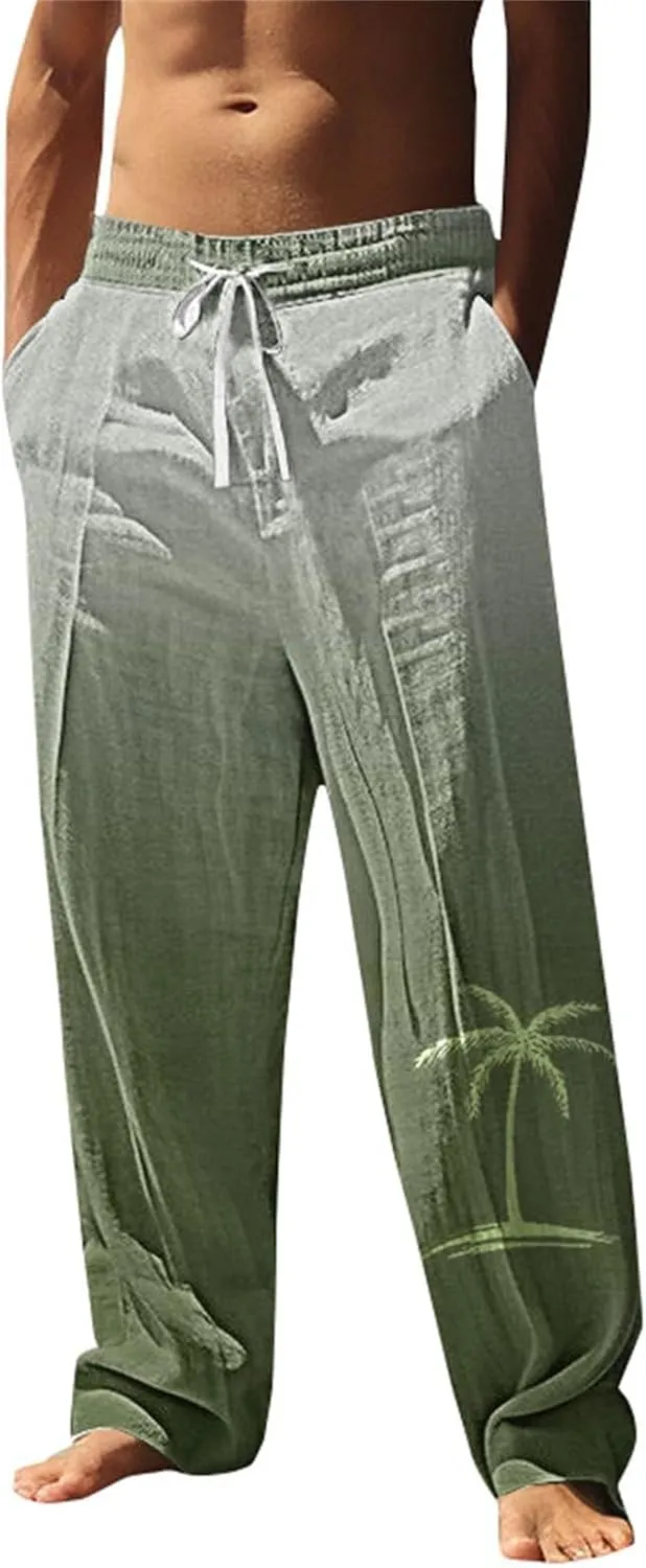 Elastic Waist Pants Men Big and Tall Straight Leg Relaxed Fit Casual Summer Pants Beach Vacation Boho Trousers