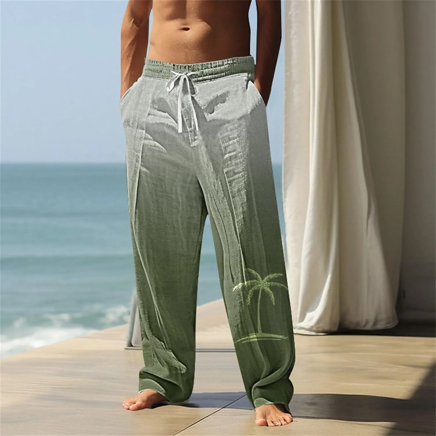 Elastic Waist Pants Men Big and Tall Straight Leg Relaxed Fit Casual Summer Pants Beach Vacation Boho Trousers
