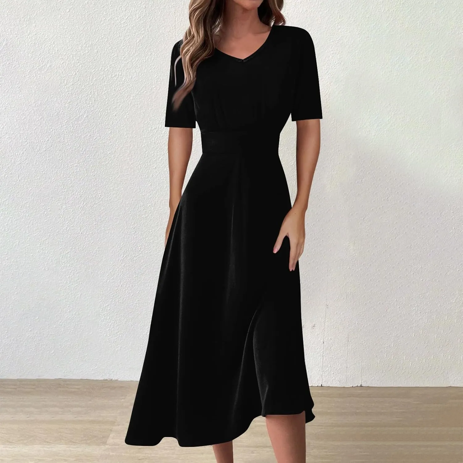 FlekmanArt Midi Dresses for Women A-Line Printing Swing Dress Short Sleeve Maxi Dress Waist V Neck Dressy Beach Dress
