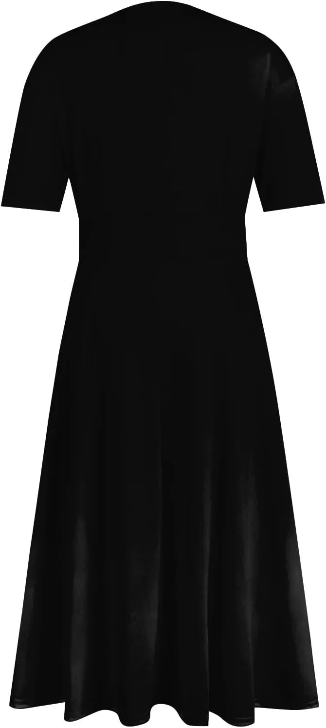 FlekmanArt Midi Dresses for Women A-Line Printing Swing Dress Short Sleeve Maxi Dress Waist V Neck Dressy Beach Dress