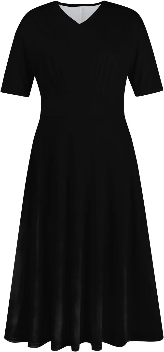 FlekmanArt Midi Dresses for Women A-Line Printing Swing Dress Short Sleeve Maxi Dress Waist V Neck Dressy Beach Dress