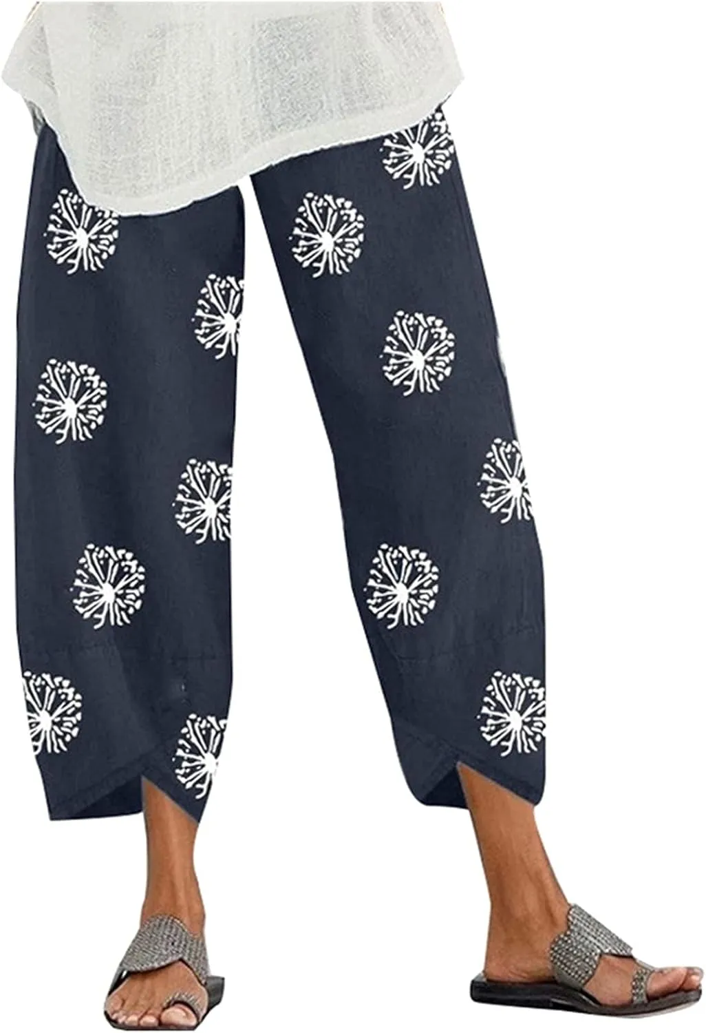 Guteidee Cotton Linen Casual Summer Capri Pants Printed Cropped Comfy Baggy Trousers with Pockets Palazzo Lounge Pants