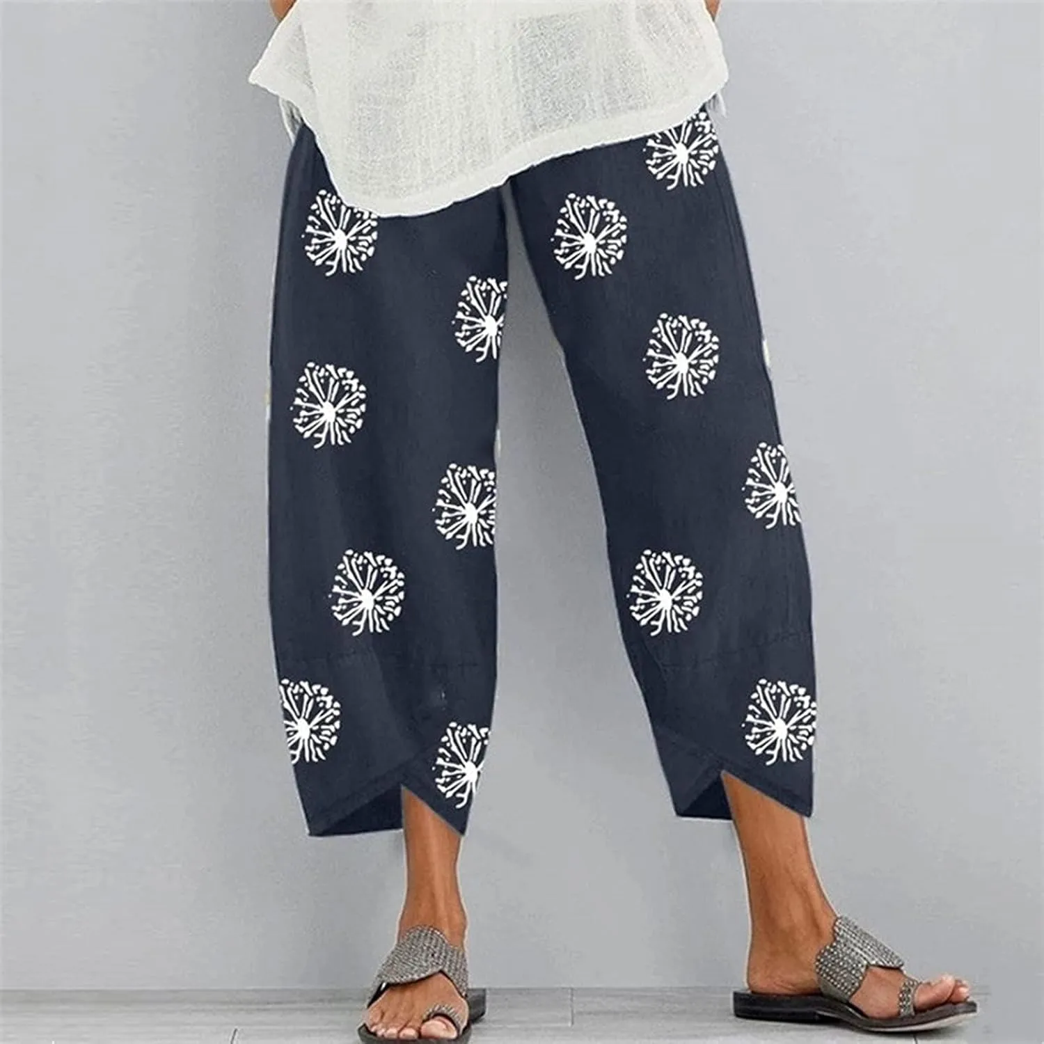 Guteidee Cotton Linen Casual Summer Capri Pants Printed Cropped Comfy Baggy Trousers with Pockets Palazzo Lounge Pants
