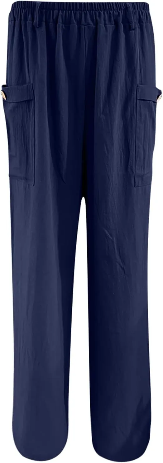 JOAU Womens Casual High Waisted Relaxed Fit Pants Button Up Straight Leg Trousers with Pockets Summer Cotton Linen Pants