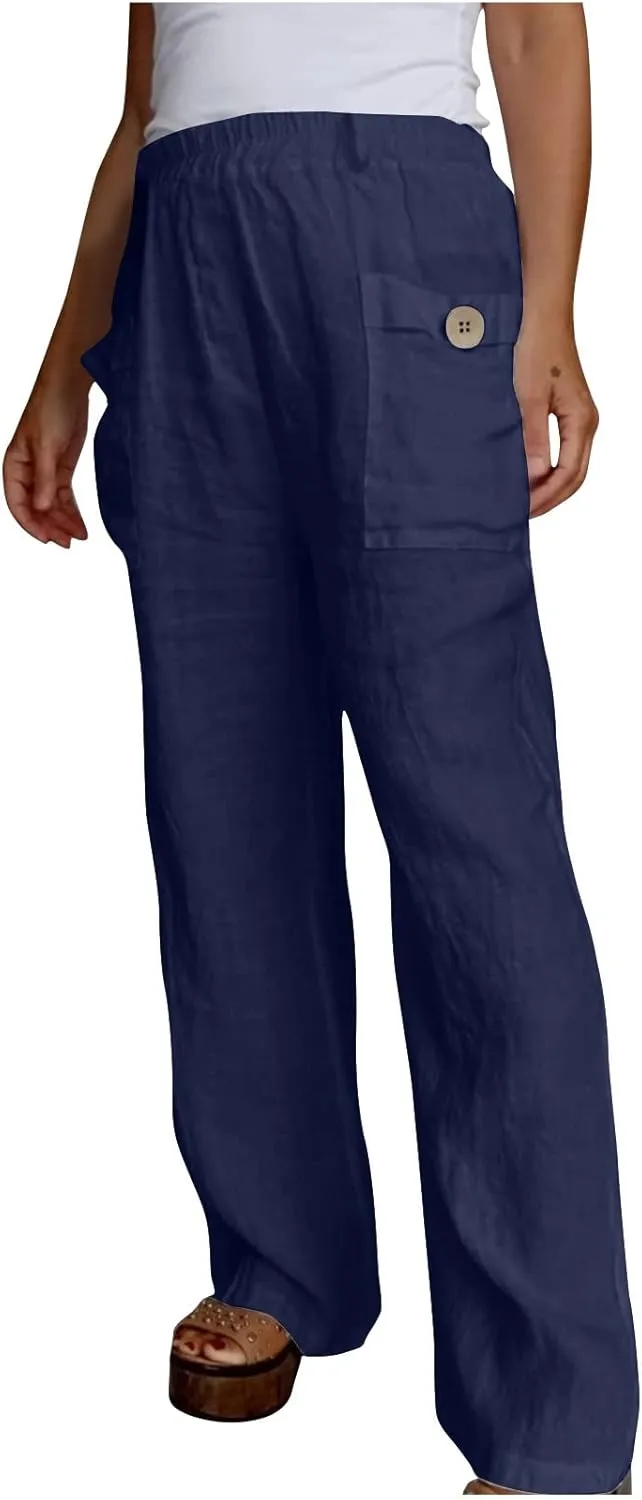 JOAU Womens Casual High Waisted Relaxed Fit Pants Button Up Straight Leg Trousers with Pockets Summer Cotton Linen Pants