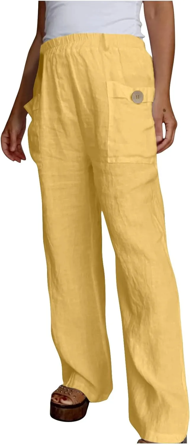 JOAU Womens Casual High Waisted Relaxed Fit Pants Button Up Straight Leg Trousers with Pockets Summer Cotton Linen Pants