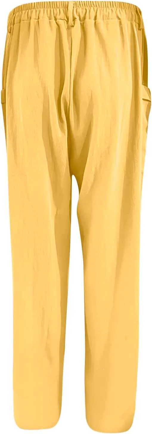 JOAU Womens Casual High Waisted Relaxed Fit Pants Button Up Straight Leg Trousers with Pockets Summer Cotton Linen Pants