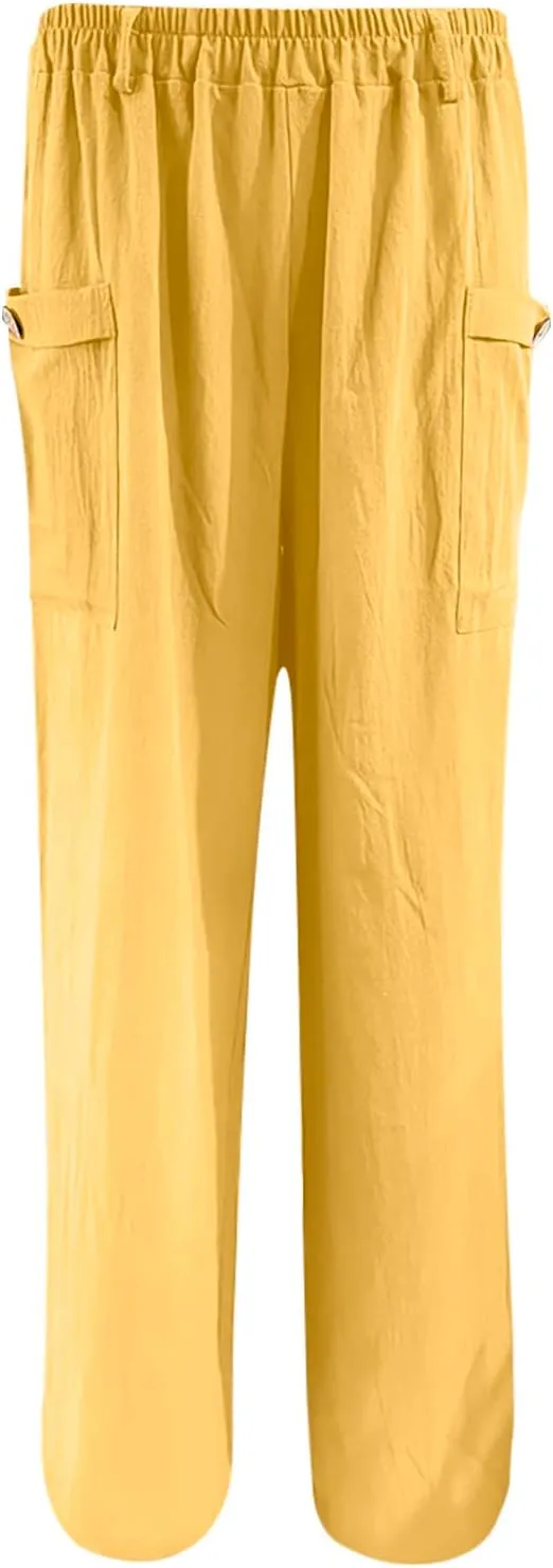 JOAU Womens Casual High Waisted Relaxed Fit Pants Button Up Straight Leg Trousers with Pockets Summer Cotton Linen Pants
