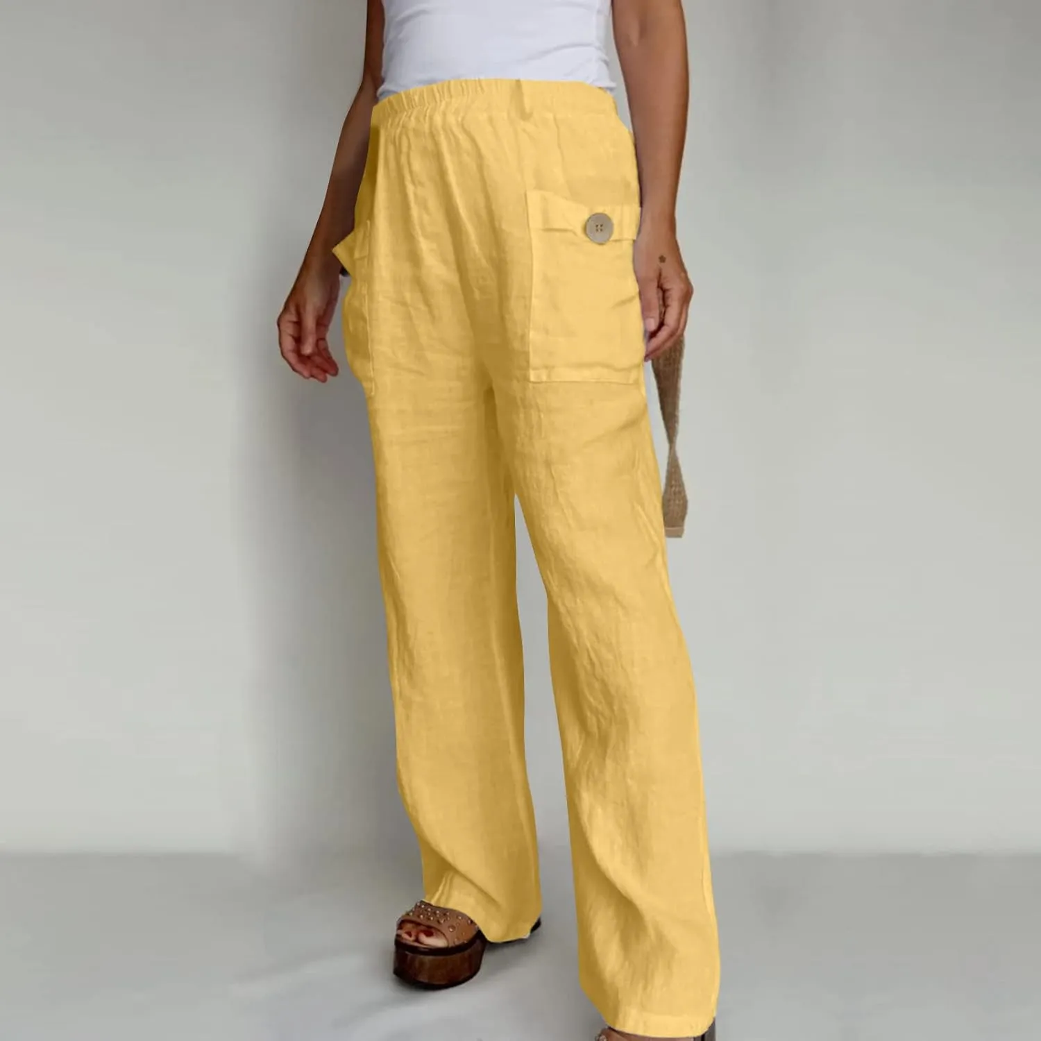 JOAU Womens Casual High Waisted Relaxed Fit Pants Button Up Straight Leg Trousers with Pockets Summer Cotton Linen Pants