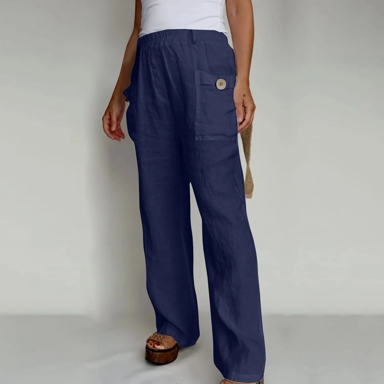 JOAU Womens Casual High Waisted Relaxed Fit Pants Button Up Straight Leg Trousers with Pockets Summer Cotton Linen Pants