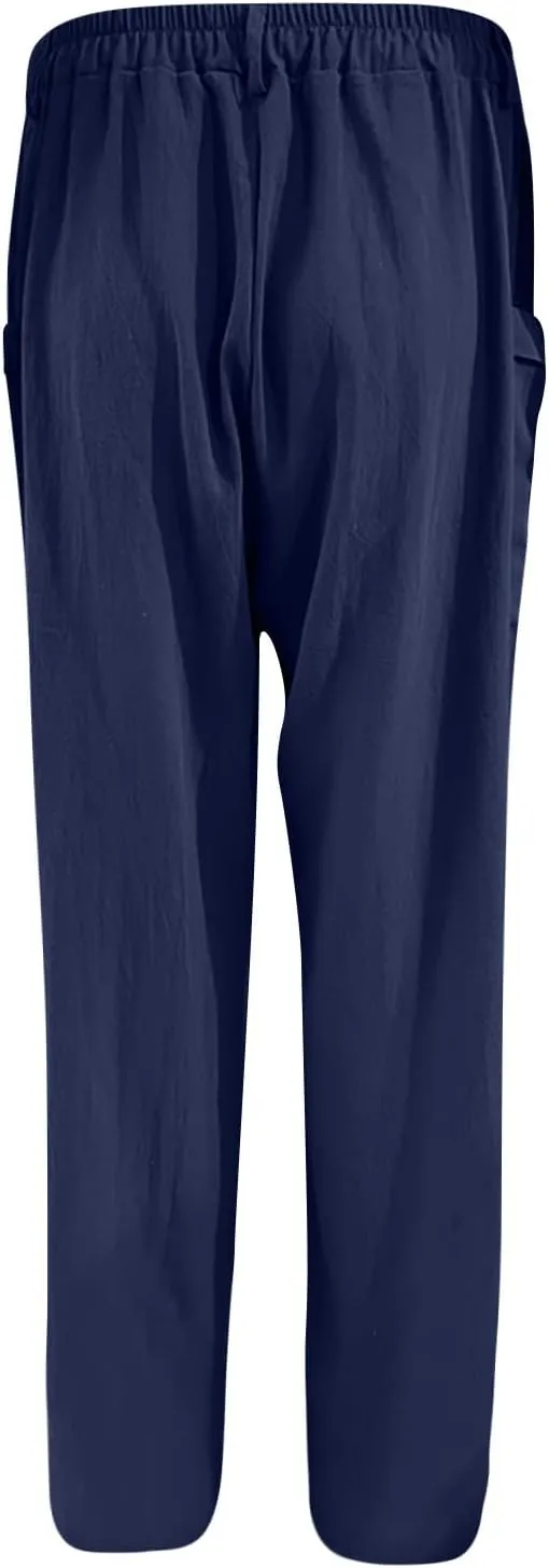 JOAU Womens Casual High Waisted Relaxed Fit Pants Button Up Straight Leg Trousers with Pockets Summer Cotton Linen Pants