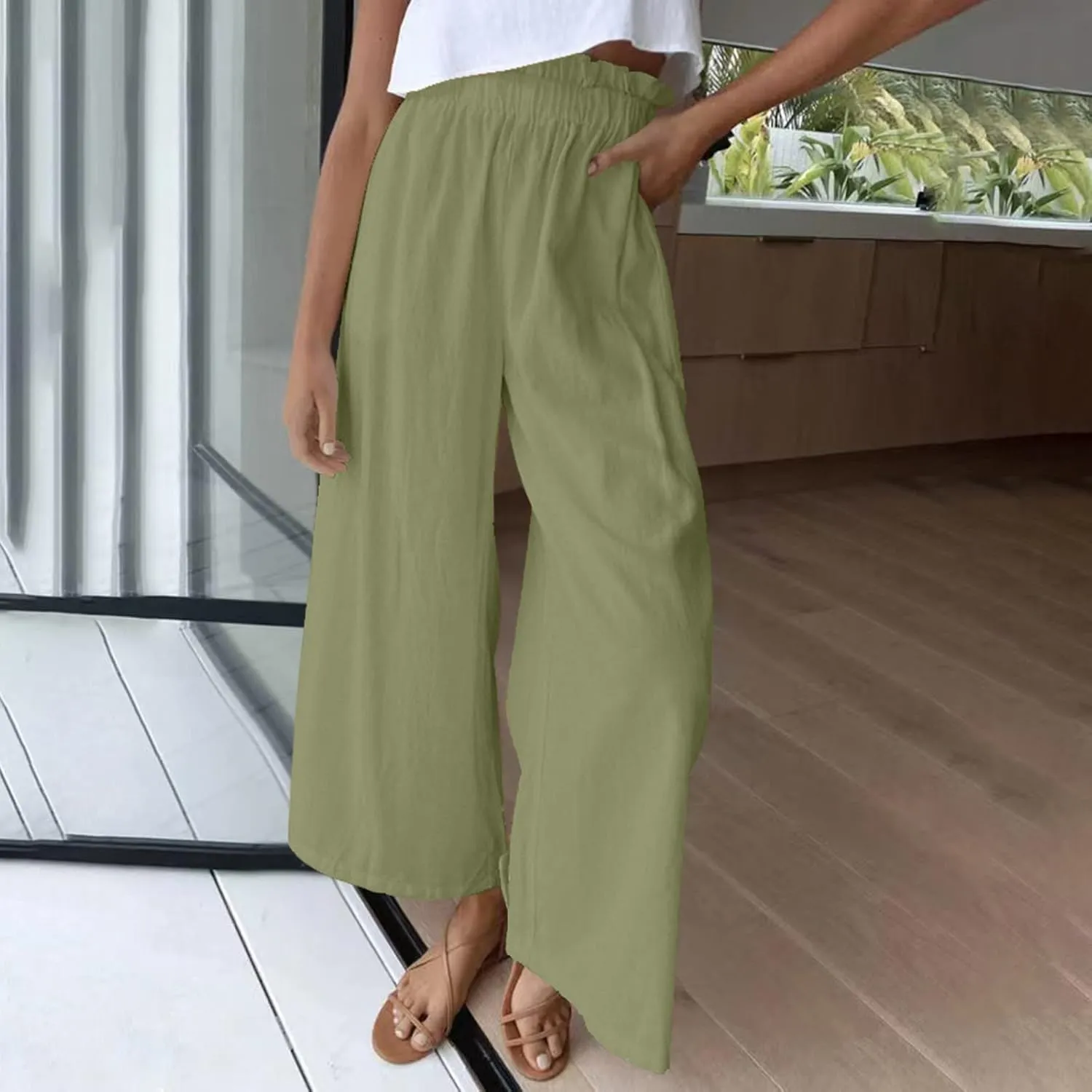 JOAU Women's Solid Wide Leg Palazzo Lounge Pants Casual Straight Leg High Waist Stretch Pants Relaxed Fit Comfy Trousers