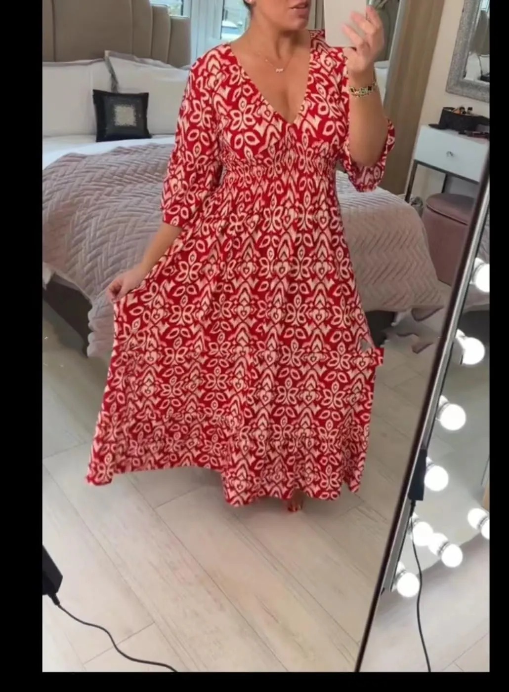 Ladies V Neck Half Sleeve Floral Elegant Dress Elastic Waist Ankle Length Beach Vacation Flowy Loose Fitting Long Dress