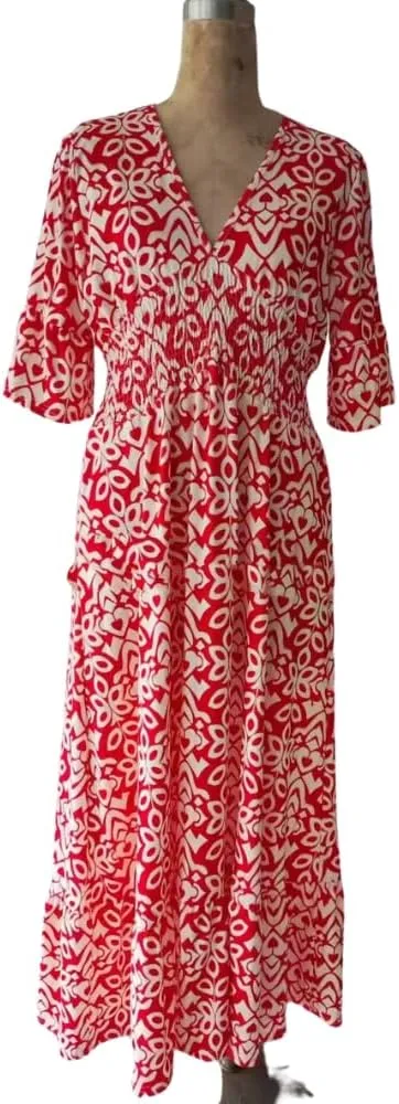 Ladies V Neck Half Sleeve Floral Elegant Dress Elastic Waist Ankle Length Beach Vacation Flowy Loose Fitting Long Dress