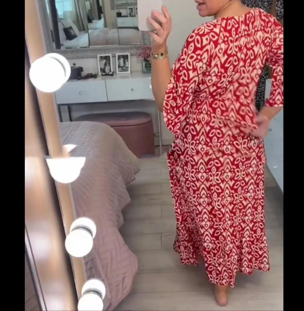 Ladies V Neck Half Sleeve Floral Elegant Dress Elastic Waist Ankle Length Beach Vacation Flowy Loose Fitting Long Dress