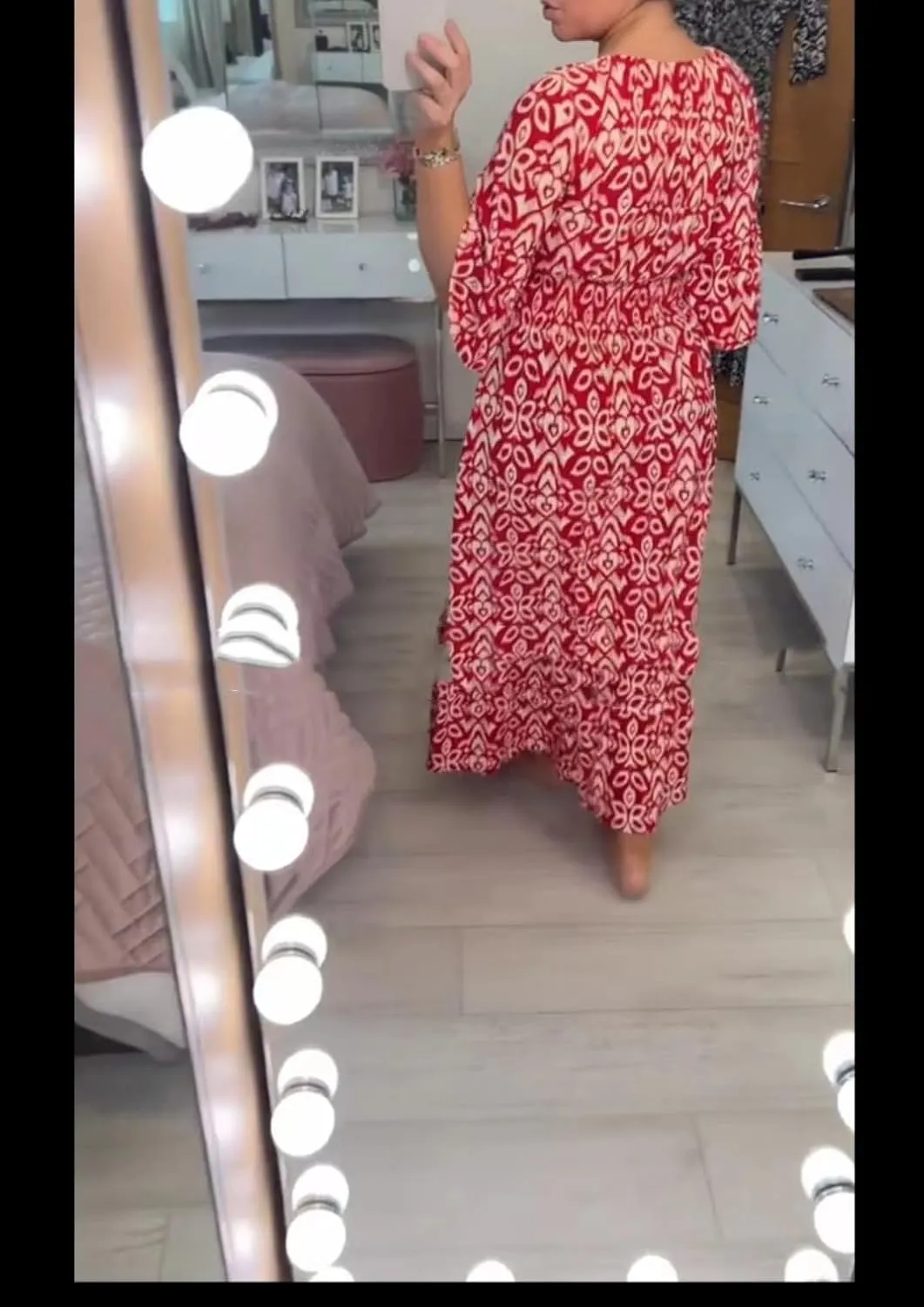 Ladies V Neck Half Sleeve Floral Elegant Dress Elastic Waist Ankle Length Beach Vacation Flowy Loose Fitting Long Dress